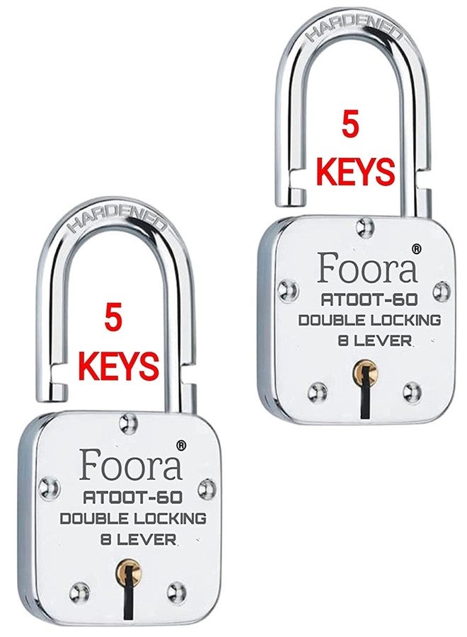 Foora Lock and Keys Door Lock for Home atoot 60 Hardened Shackle Padlock with 5 Keys Each Double Locking 8 Lever (Atoot 60mm Pack of 2) - Image 1